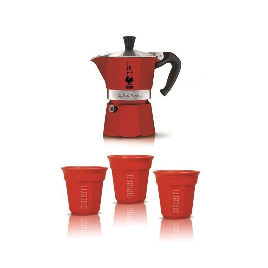 Poklon set Bialetti mocha express 3 porcije + 3 šalice, crveni